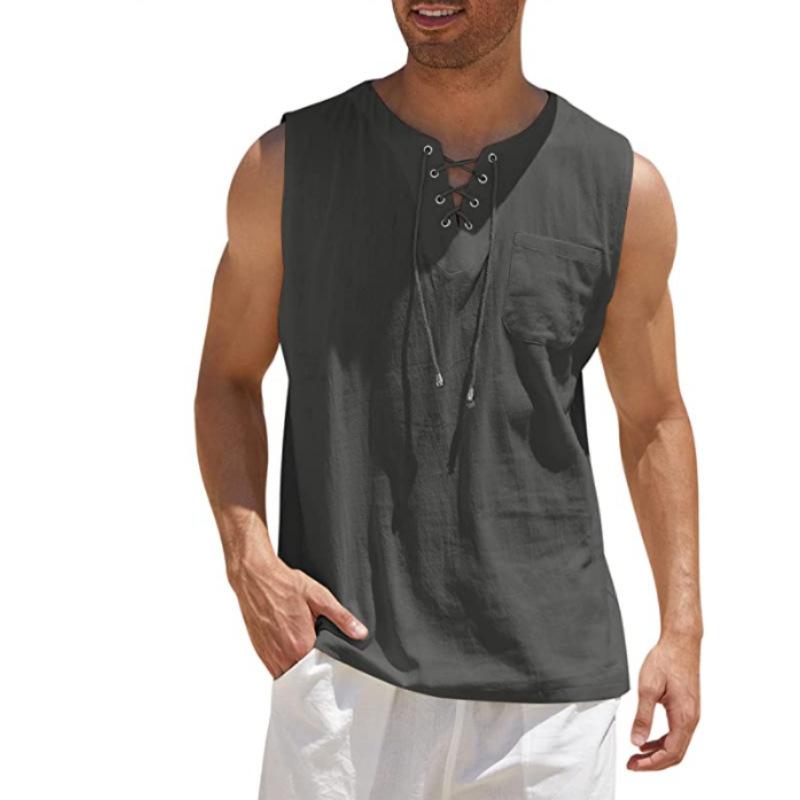 Men's Fashion Short Sleeve T-Shirt Solid Color Cotton Linen Vest Shirt Cross Border Selling Item