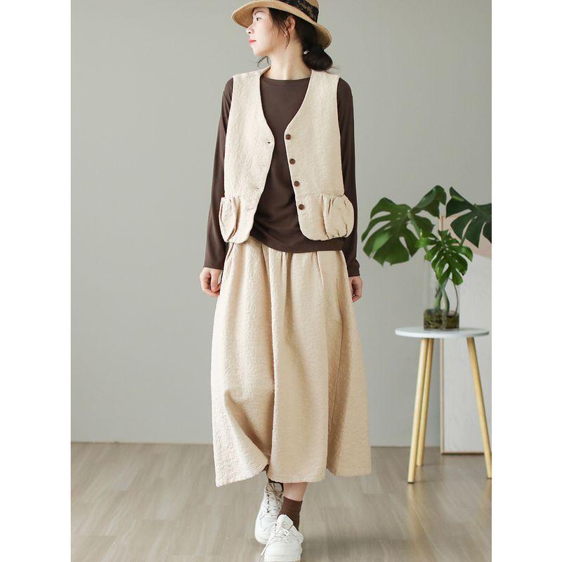 

Daile Original New Arrival Artsy Retro Texture Jacquard Suit Women s Pure Color Sleeveless V-neck Vest Skirt Women Beige One size