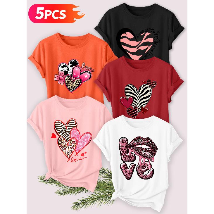 Five-piece set Elegant short-sleeved shirt for women Leopard print heart print round neck women's casual sportswear T Shirt Suitable for spring and