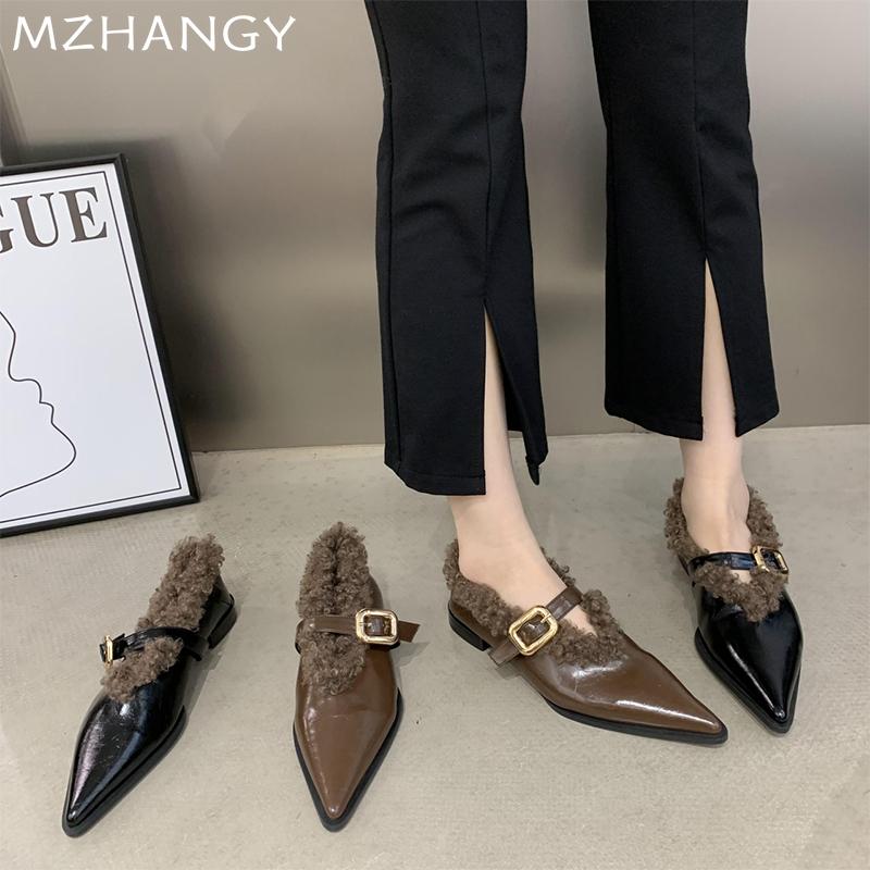 Móda Špičatá špička Dámské kožešinové boty Baleríny Mělké Ležérní Teplé boty Žena 2024 Trend Móda Nové Sněhule Zima Útulné Goth Mujer Botas