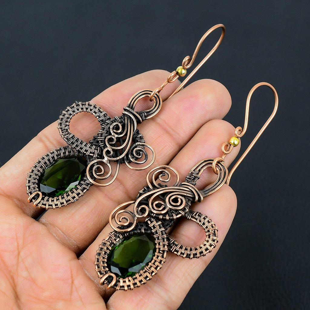 Peridot Earrings Gemstone Jewelry, 999 Copper Wire Wrapped Earrings, Handmade Jewelry Birthstone Earrings, Gift For Him