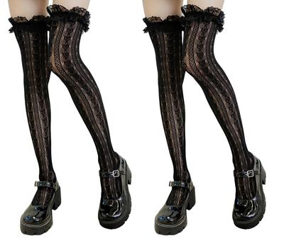 Knee High Thigh Beautiful Lace [Rowaica] Socks, Women's Socks, High, Overknee, Legs, (Black + Black)