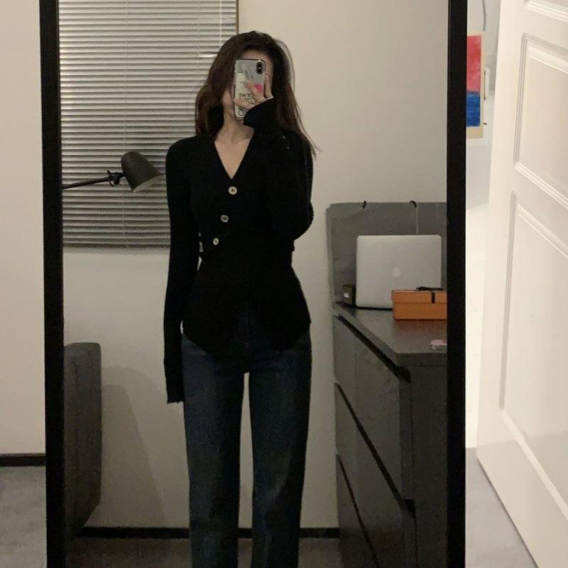 Spring and Autumn Women's Knitwear Long Sleeve Slim Split V-Neck Spice Top Inner White Bottom Shirt