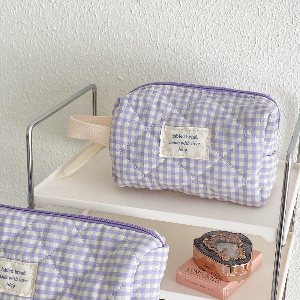 New Cotton Makeup Bag Cute Checkered Pattern Travel Toiletry Bag Multi-size Large Capacity Storage Wrist Bag Travel Use