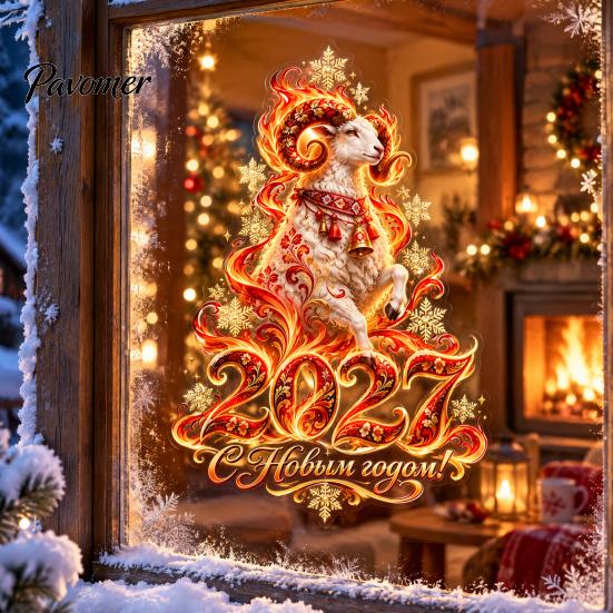 Red Gold Decor 2027 Zodiac Sheep Static Window Clings, Russian New Year Glass Reusable Film Decals, Double-Sided Print Stickers for Home & Shop