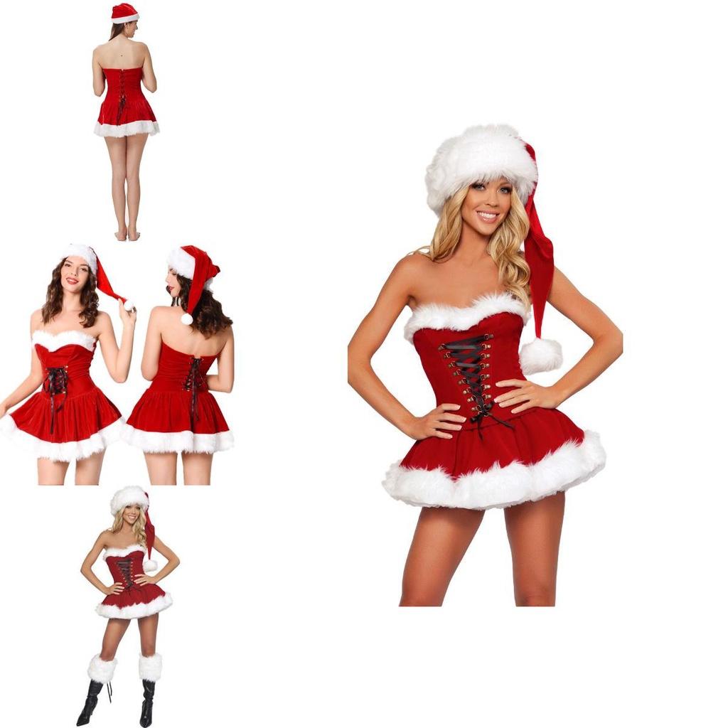 Elegant Red Velvet Sexy Women Christmas Fancy Dress Santa Claus Costume Outfit Hat