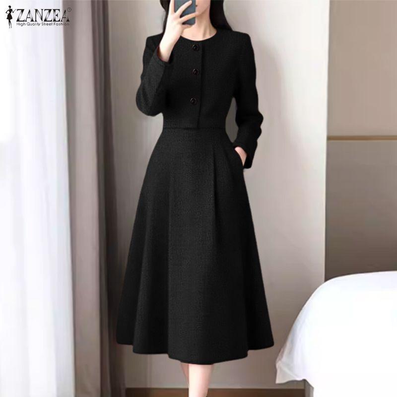 ZANZEA Women Casual Round Neck Long Sleeve A-Line Dress