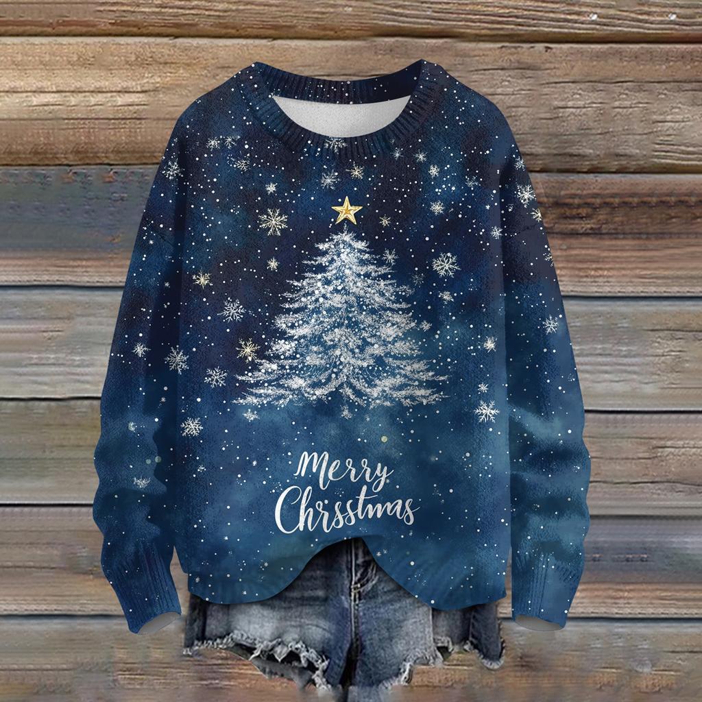 Ladies' Fashionable Casual Long Sleeved Beautiful Christmas Tree Print Round Neck Yarn Knitting