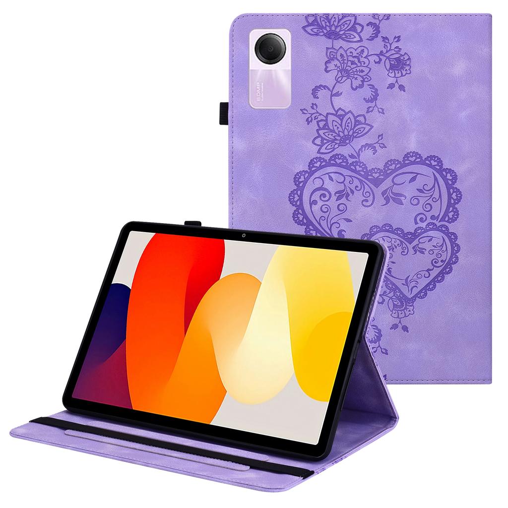 For Xiaomi Redmi Pad SE Leather Case Heart Imprint Foldable Stand Card Slot Stylus Holder Tablet Cover