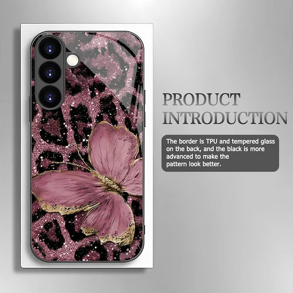 Leopardo drugelio grūdinto stiklo telefono dėklas, tinkamas Samsung Galaxy S26 S25 S24 S23 S22 S21 S20 FE/Ultra/Plus, apsaugantis nuo kritimo
