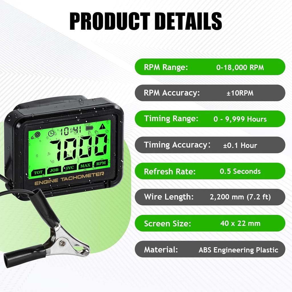 Digital Engine Tachometer & Hour Meter Mini Tach Gauge with Clip & Backlight Display Inductive for Gas Small Engine Lawn Mower RV Chainsaws Outboard