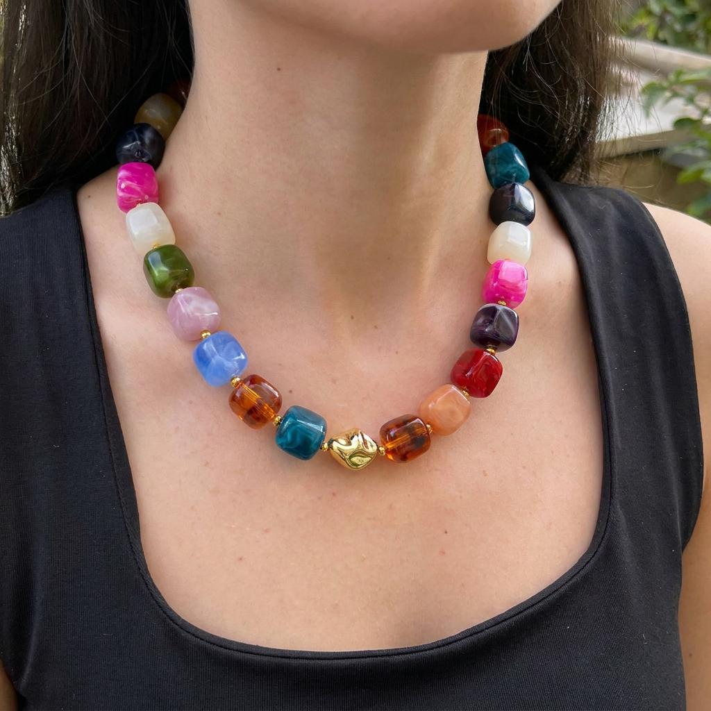 Boho Colorful Acrylic Resin Beaded Choker Necklace For Women Vintage Dopamine Statement Chain On the Neck Party Holiday Jewelry