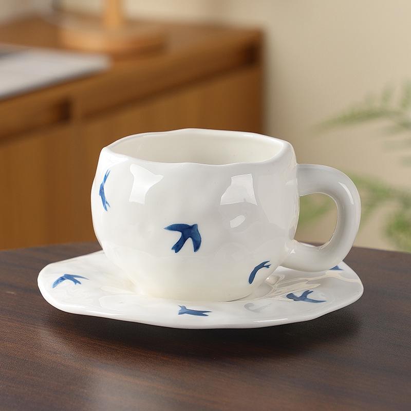 Korean Hand-Painted Ceramic Cup & Saucer Set - Creative Irregular Design for Coffee & Tea