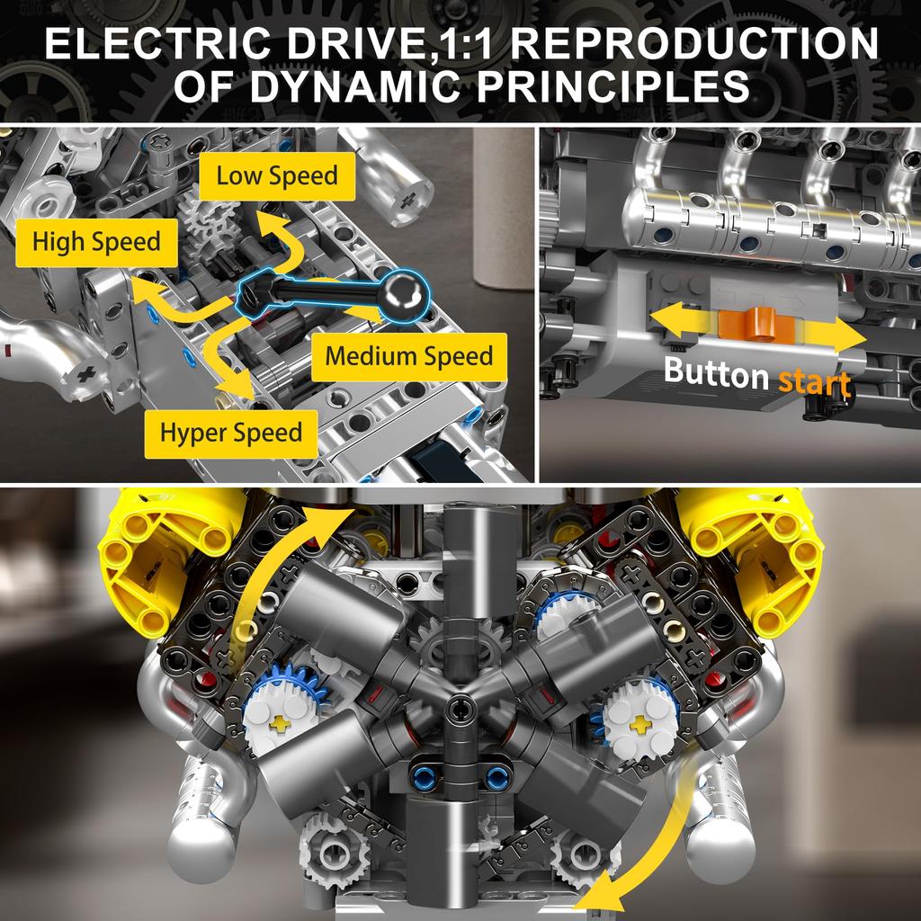 Mould King 10202 MOC Technology V12 Cylinders, V-Arranged. Engine and Transmission Model. Technology Sports Car Electric Motor Driven Clamp Block Kit