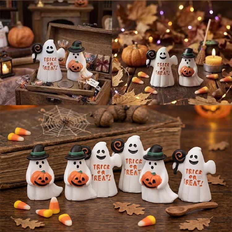 Fun Halloween Ghostly Holding Pumpkins Lollipop Figurines Decors 2Pcs Resin Craft Ornaments For Indoor Festives Styling