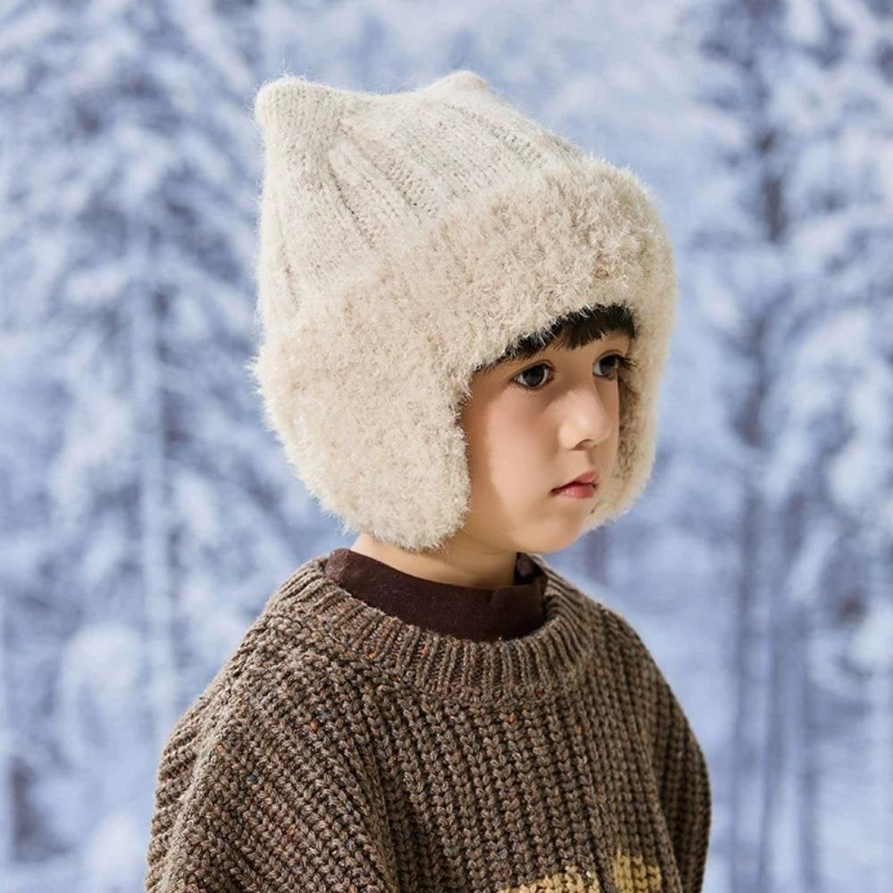Ribbed Knit Knit Earflap Beanie Plush Lining Cat Ear Beanie New Plush Lined Hat For Children