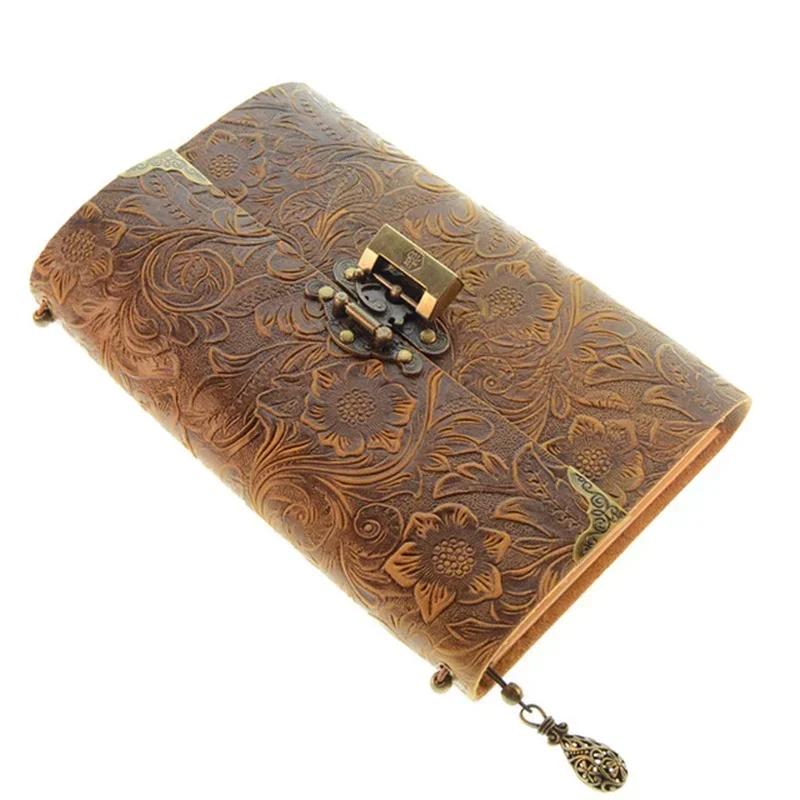 Embossed Pattern Soft Leather Travel Notebook with Lock and Key Diary Notepad Paper for Business Sketching Writing Supplies Gift