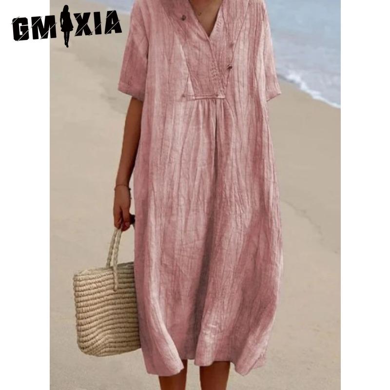 

GMXIA женские модные летние весенние однотонные повседневные платья с короткими рукавами и v-образным вырезом и высокой талией S розовый