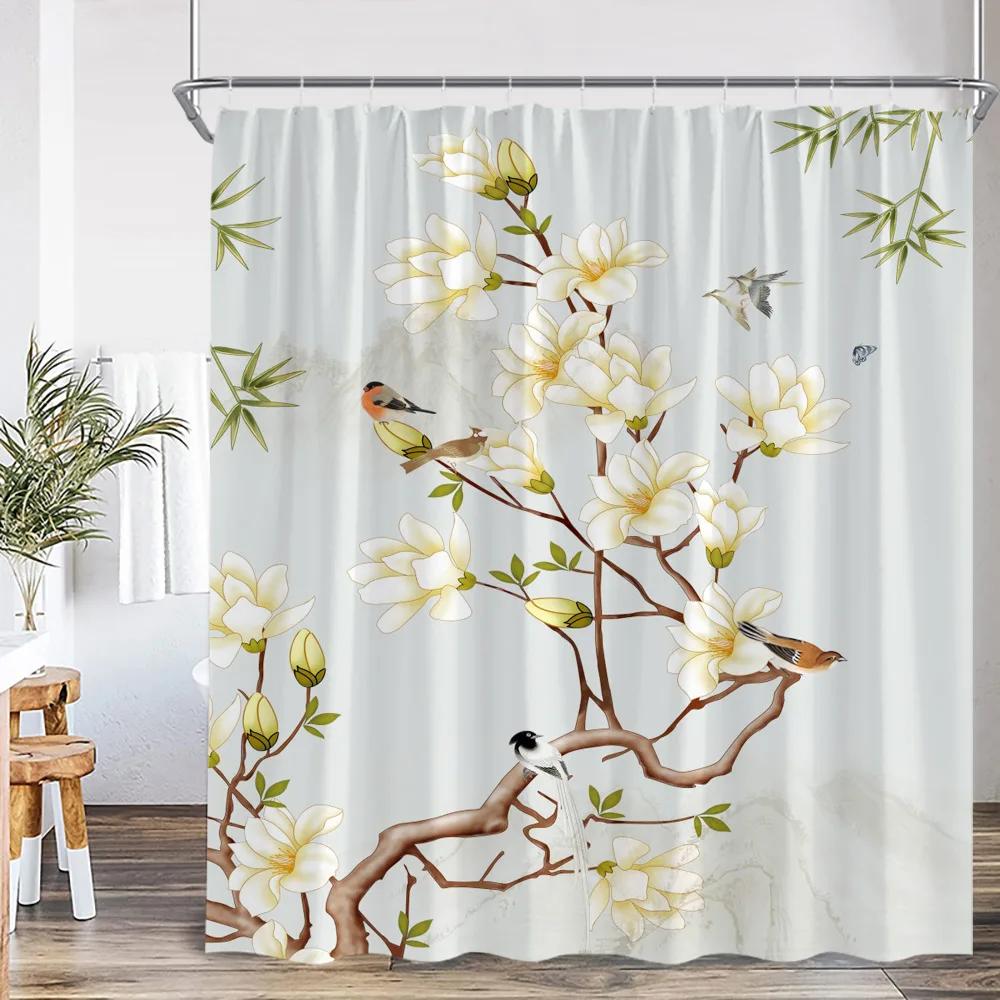 Chinese Style Shower Curtain Birds Classical Flower Tree Plant Asian Bathroom Decor Vintage Polyester Bath Curtain with Hook