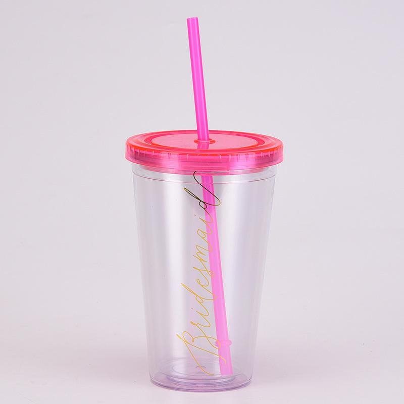 Gifts Wedding Water Cup 16Oz Double Layer Plastic Straw Cup Transparent Simple Sequin Plastic Cup Female