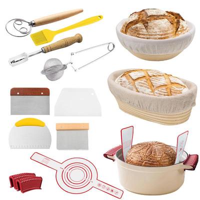 Rattan Gärkorb für Brot mit Teigmischer, Schaber und Silikonpinsel – Backwerkzeuge & Zubehör