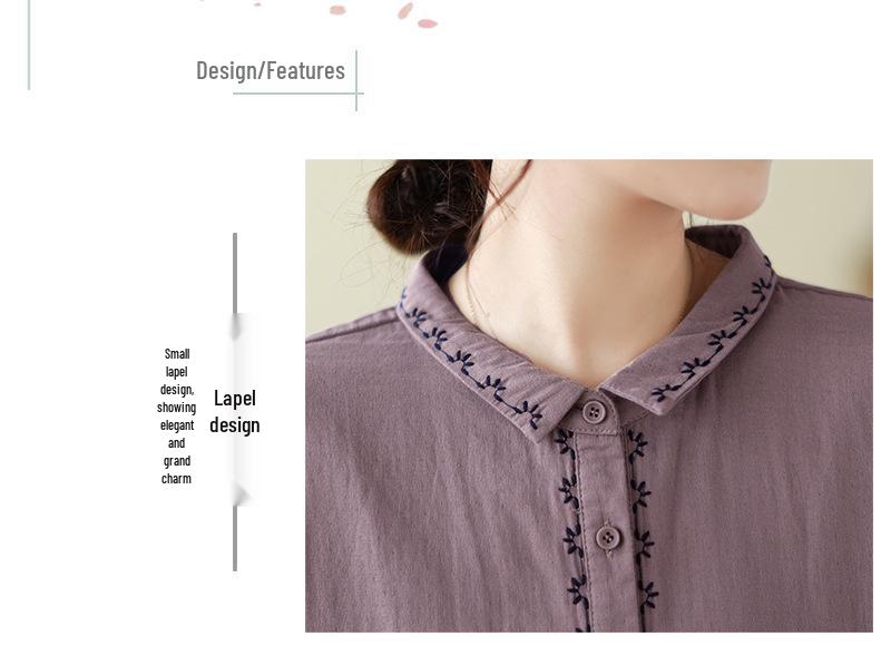 Women's Artistic Retro Embroidered Cotton Linen Shirt - Loose Casual Top for Spring 2026 Arrival