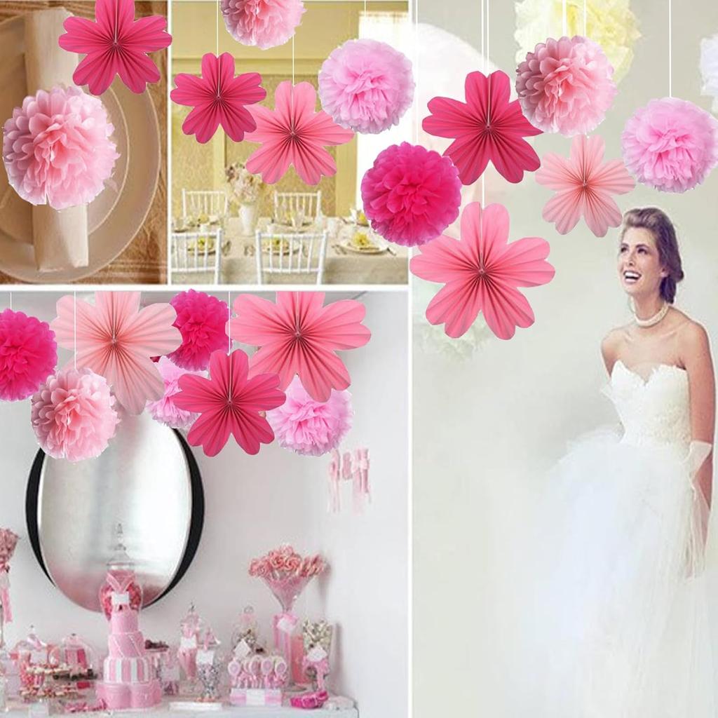 15PCS Pink Party Dressing Set, Tissue Paper Pom Poms Decorations and Hanging Pastel Flower Fan Suitable for Grad Birthday Wedding Party Wall Ceiling