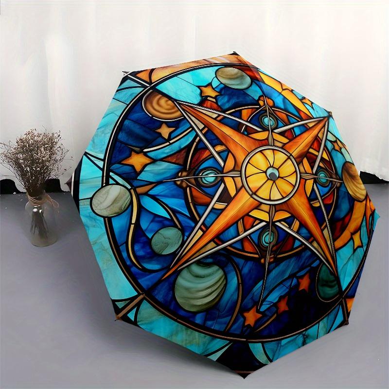 Stained Glass Compass Rose Window Panel, Celestial Design for Home Decor Umbrella, Cute Umbrella with Cute Design, Portable 3-Fold Compact Umbrella fo