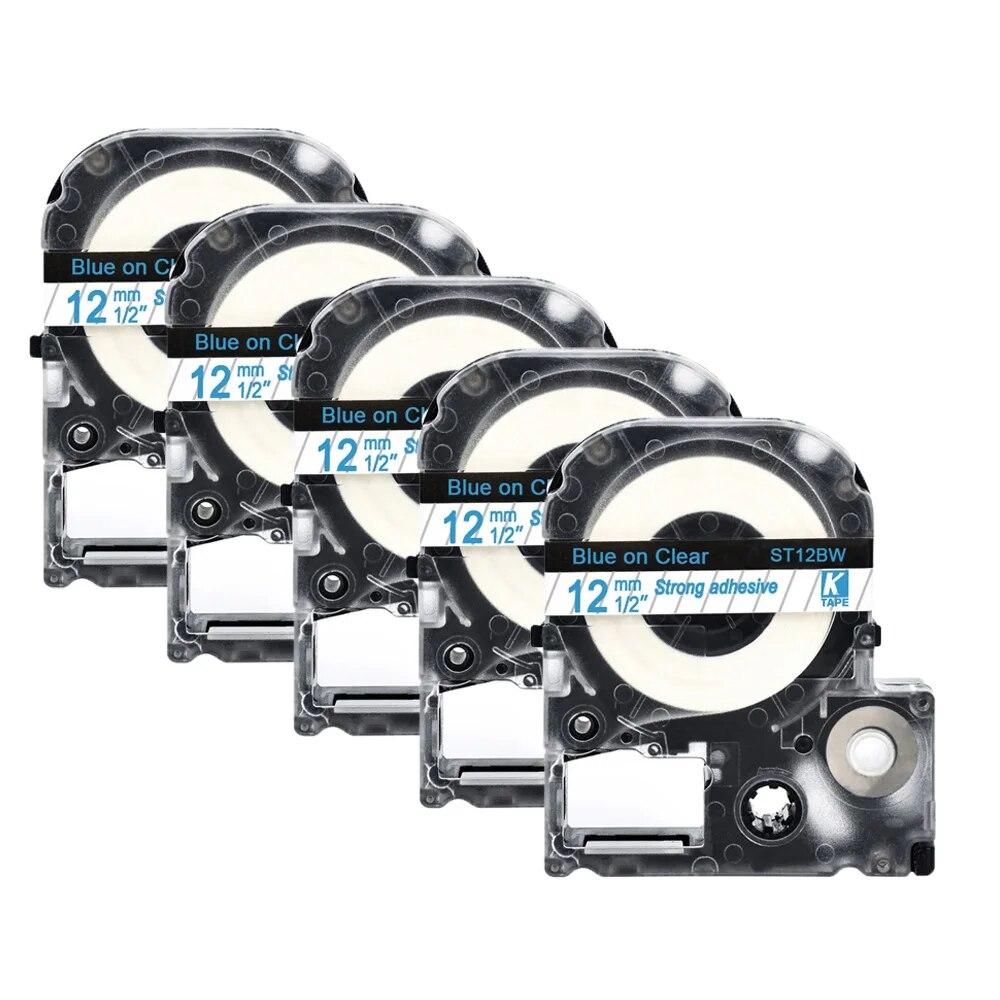 5 pachete 12 mm negru pe alb etichetă compatibilă Epson LC-4WBN / SS12KW SC12RW SC12YW ST12KW pentru imprimanta Epson LW300 LW400 500 600
