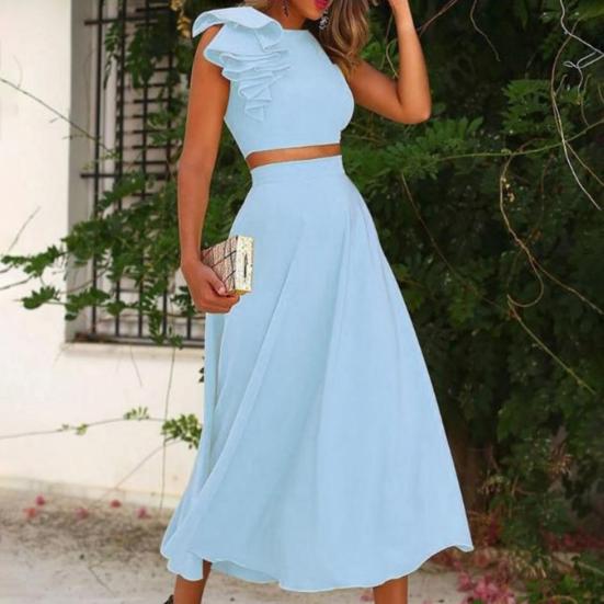 2Pcs/Set Lady Suit Solid Color Backless Quick Drying Cropped Top Midi Skirt for Daily Life