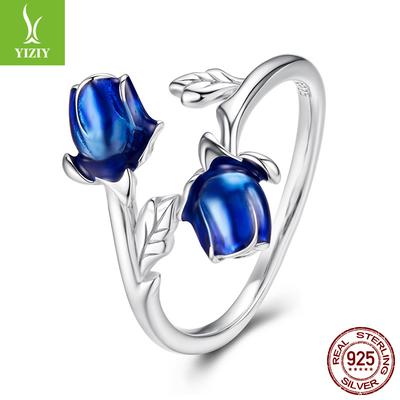 Drip Blue Enchantress Rose Opening Ring Romantic Valentine'S Day S925 Sterling Silver Ring