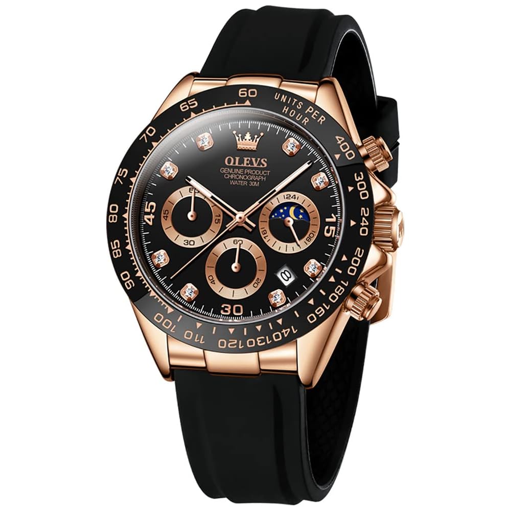 OLEVS Men s Sport Watch Black Silicone Waterproof Quartz Analog Chronograph Date Display
