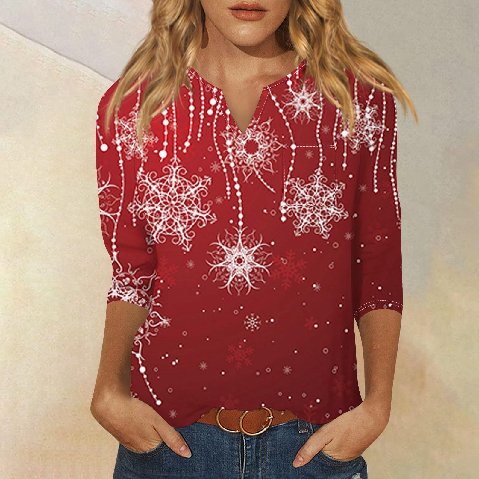 

Женская рубашка с рукавом семь дюймов, напечатанная в стиле ретро, повседневная, свободная, с V-образным вырезом, рождественская M киноварь