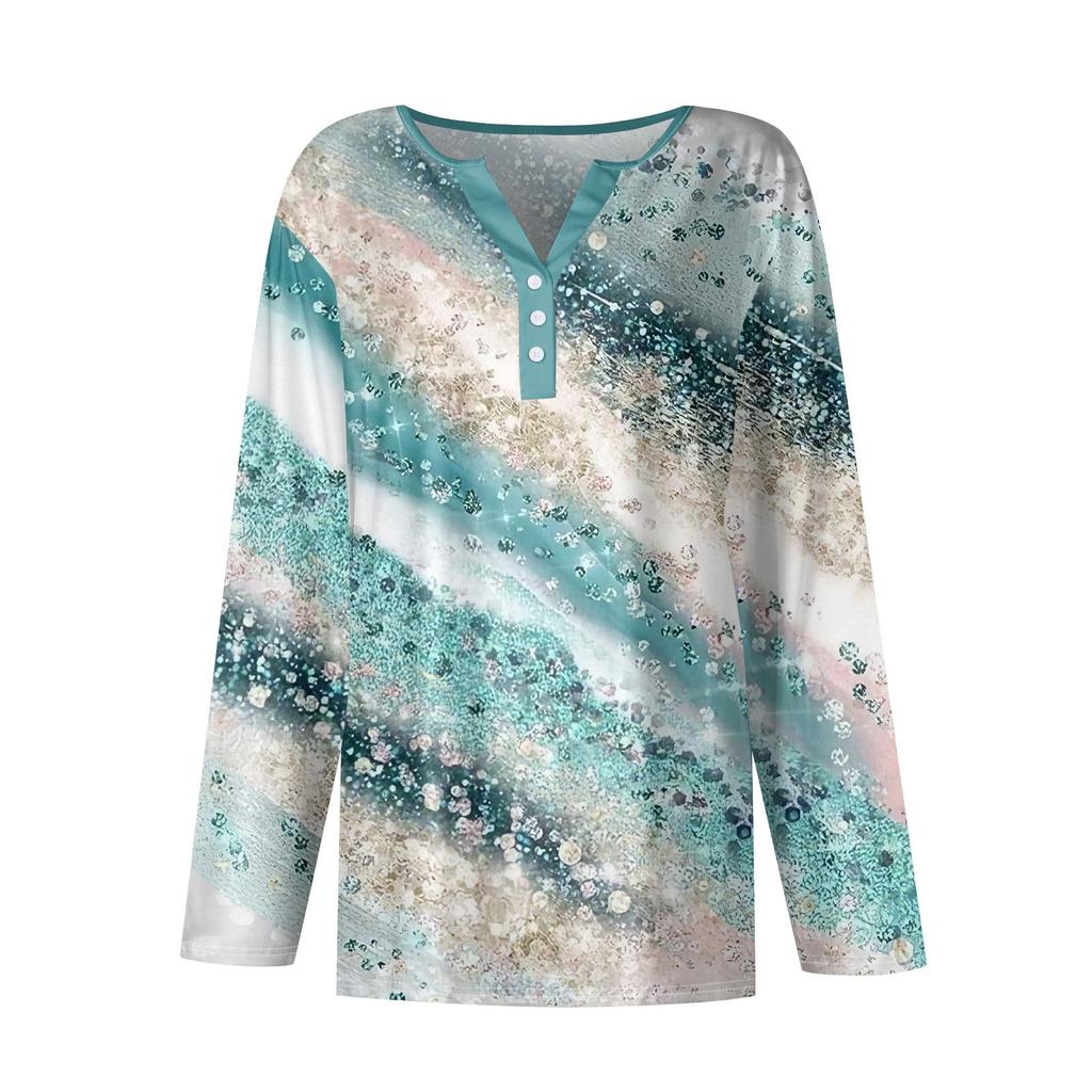 Women's Fashion Casual Printed V-Neck Long Sleeve Decorative Button T-Shirt Top