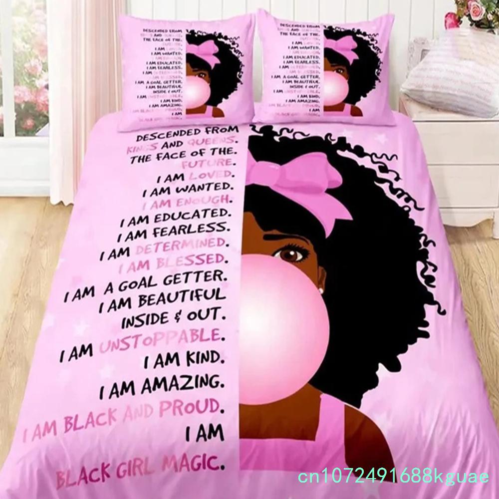 American Black Girl Duvet Cover Set,Black Girl Magic Bedding Set Full Size,Cute Little Afro Black Princess Comforter Cover Sets