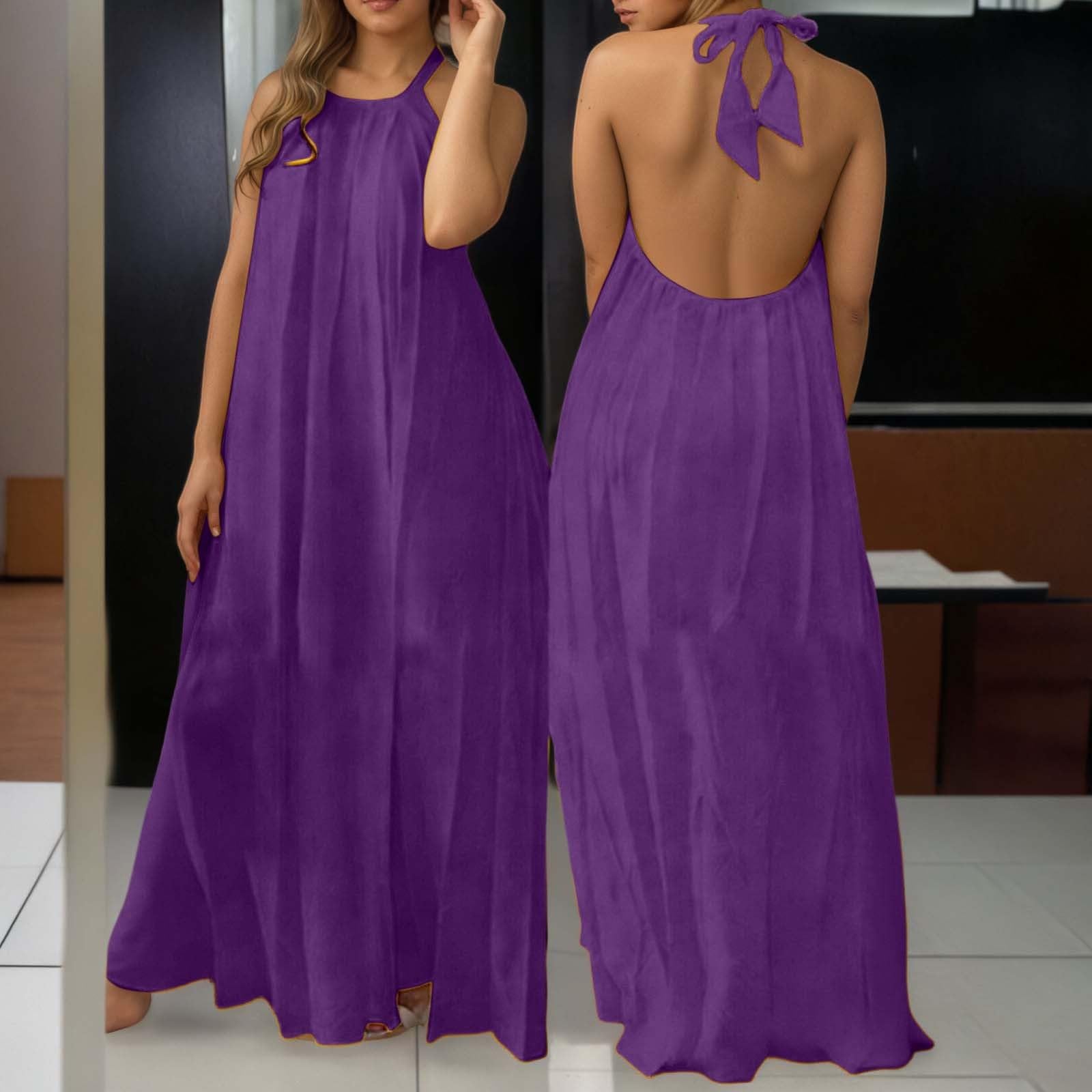 

Women Neck Backless Maxi Dress Loose Fit Sleeveless Long Dress Lightweight Flowy Casual Sundress for Summer Holiday M фиолетовый