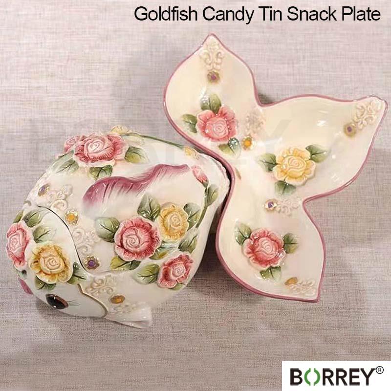 BORREY 3D Relief en céramique poisson rouge bonbons collations assiette réservoir de stockage de sucre plateau de fruits décoration de la maison œuvre d'art cadeau de mariage d'anniversaire