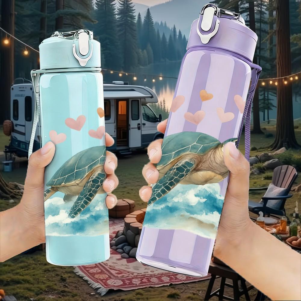 1PC Sea Turtle Heart Love Art Print 750ml Color Plastic Sports Water Bottle Leakproof Flip Straw Lid Suitable for Sports Office Home Use