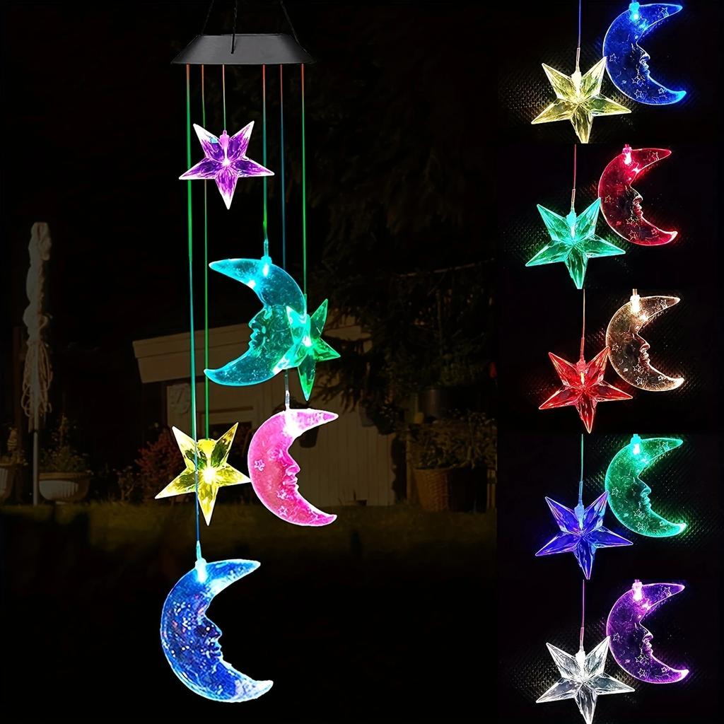 1pc Star/Moon Shaped Wind Chime With Solar LED Light Outdoor Balcony Colorful Hanging Lamps For Home Garden Yard Walkway Decor