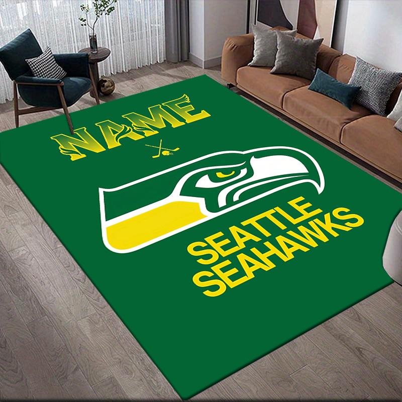Custom Name,Seattle Seahawks Home Sofa Decoration for Living Room & Bedroom, Non‑Slip Play Flannel Floor Mat for Game Room