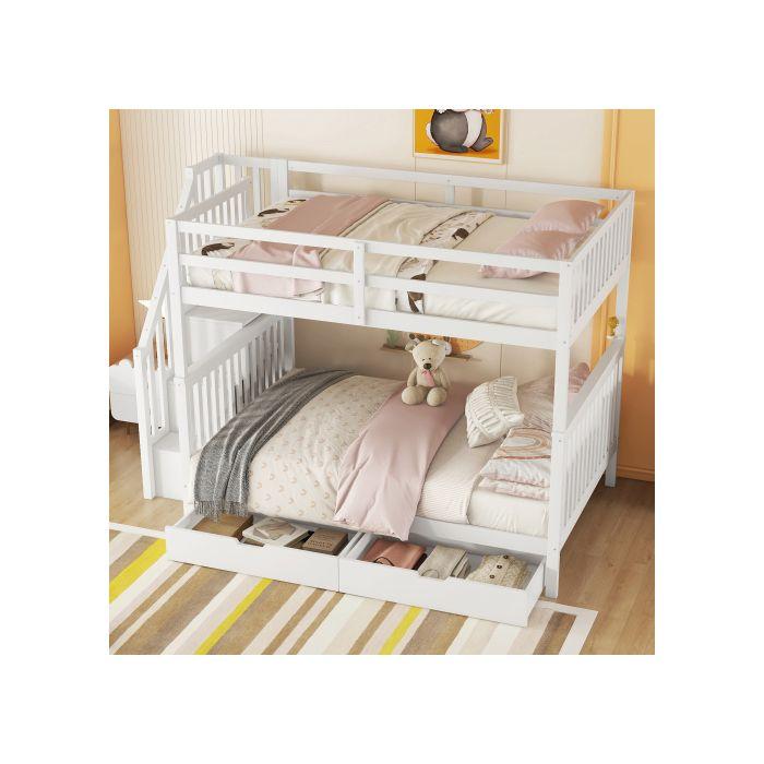 Lit superposé - MUVOE - 140x200cm - Blanc - Étagère d'escalier - 2 tiroirs