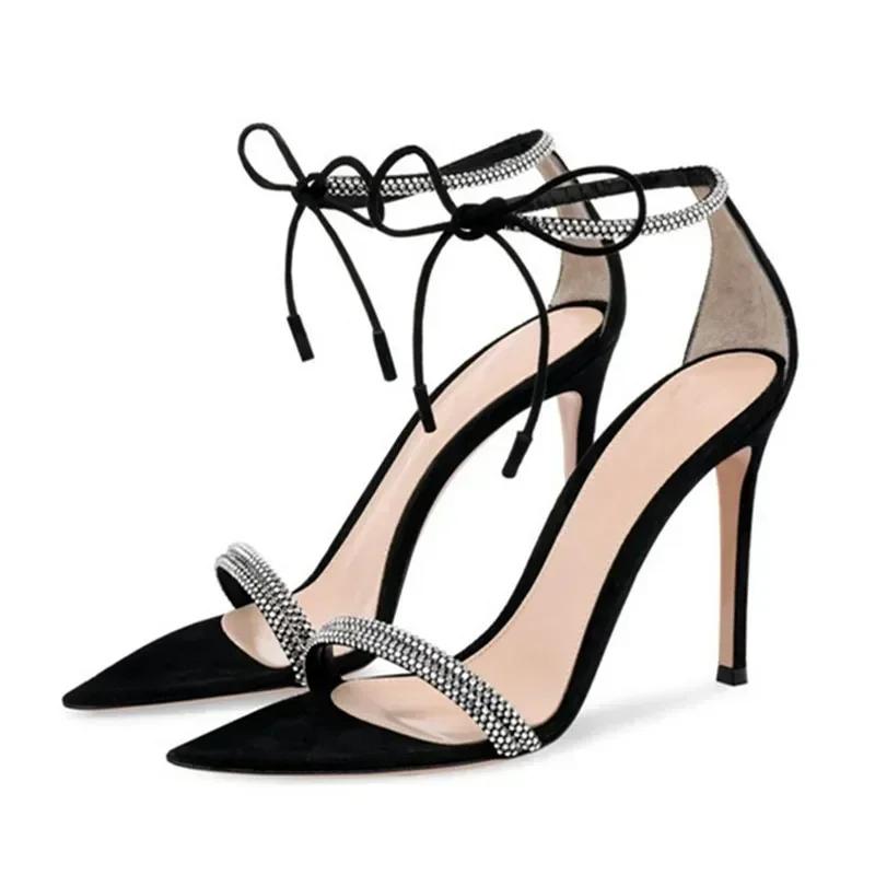 Fashion New Elegant Women Sandals Summer 2025 Sexy Pointed Toe Ankle Strap Thin High Heels Luxury Rhinestone Designer Banquet Party Shoe