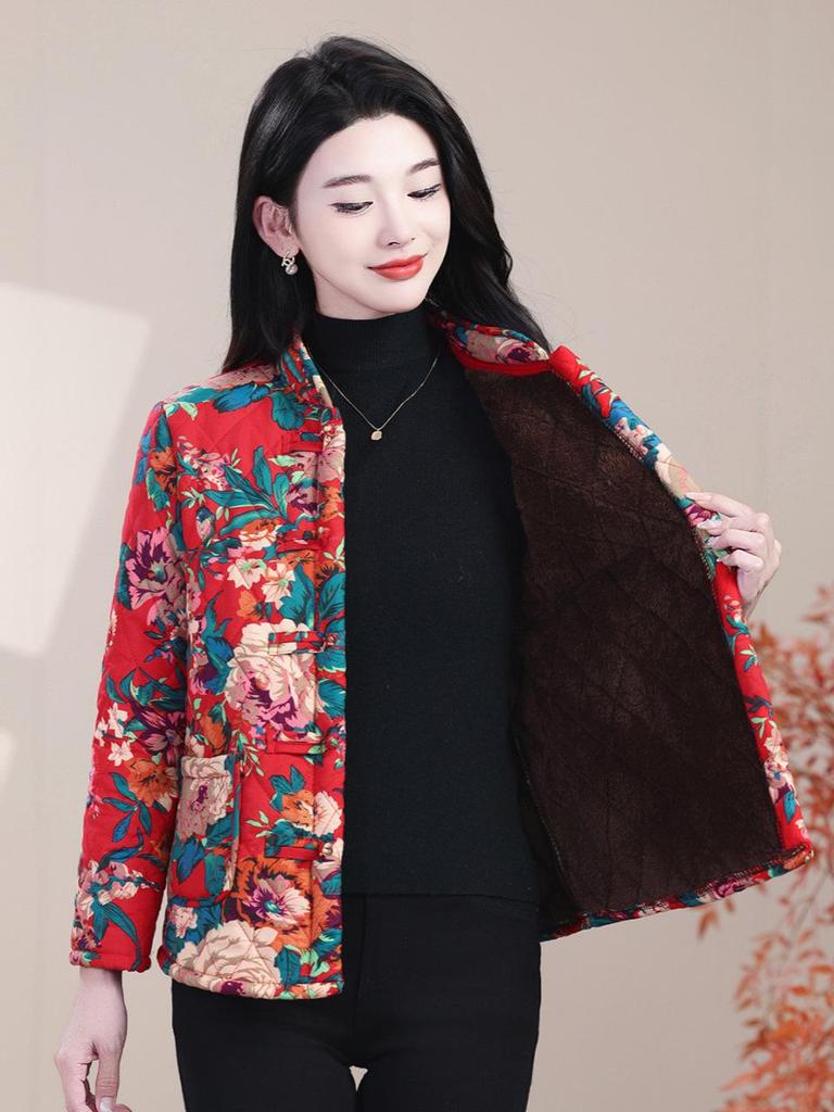 Northeast Women's Thick Floral Cotton Jacket, Plus Velvet, 2025 Winter Yangge Dance Buttoned Performance Costume