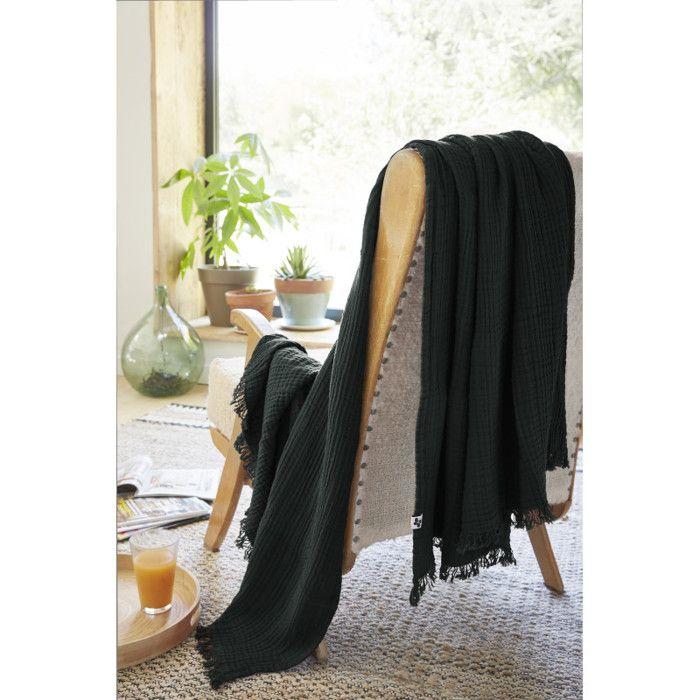 Plaid à franges "Gaïa" toutes dimensions "Gaze de Coton" l'Effet Papillon - Gaia Sapin - 130 x 160 cm