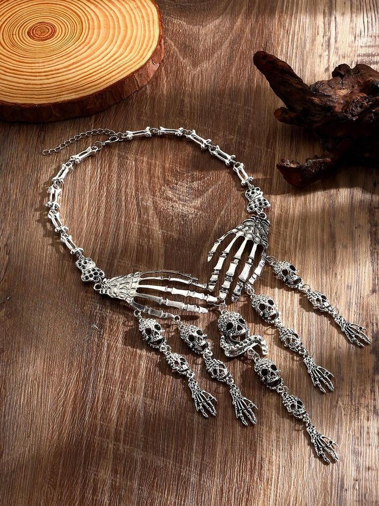 New Halloween Jewelry Gothic Punk Vintage Metal Ghost Hand Skull Necklace and Earring Set for Women Party Accessories