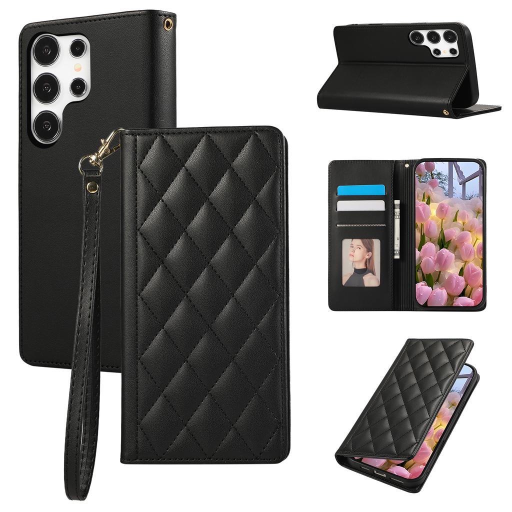 Für Samsung Galaxy S24 Ultra Hülle RFID-Blockierendes Wallet Ständer Rautenleder Handyhülle mit Handschlaufe