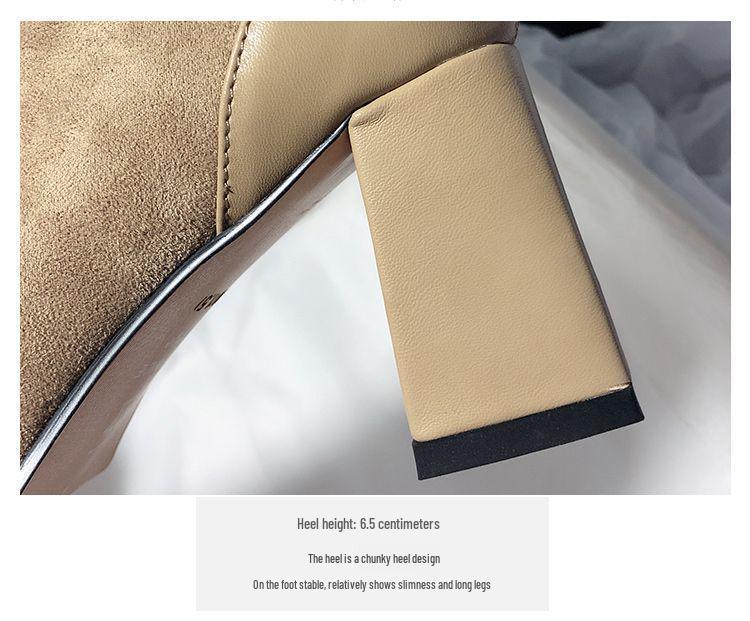 Chunky Heel Pointed Toe Patchwork Elastic Boots: 2025 Autumn/Winter Mid-Heel Short Tube Black Boots for Women & Men