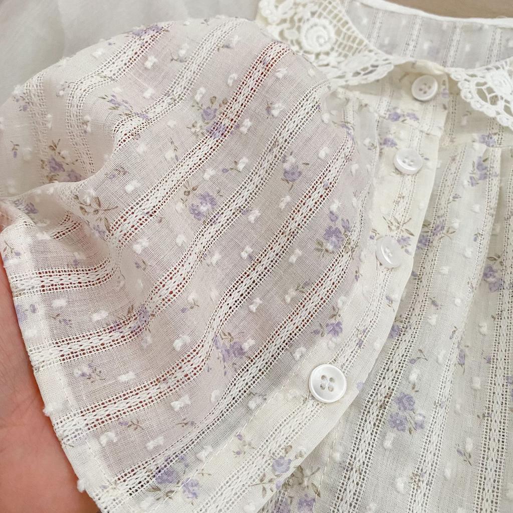 Girls Summer Floral Lace Collar Top and Ruffled Shorts Set