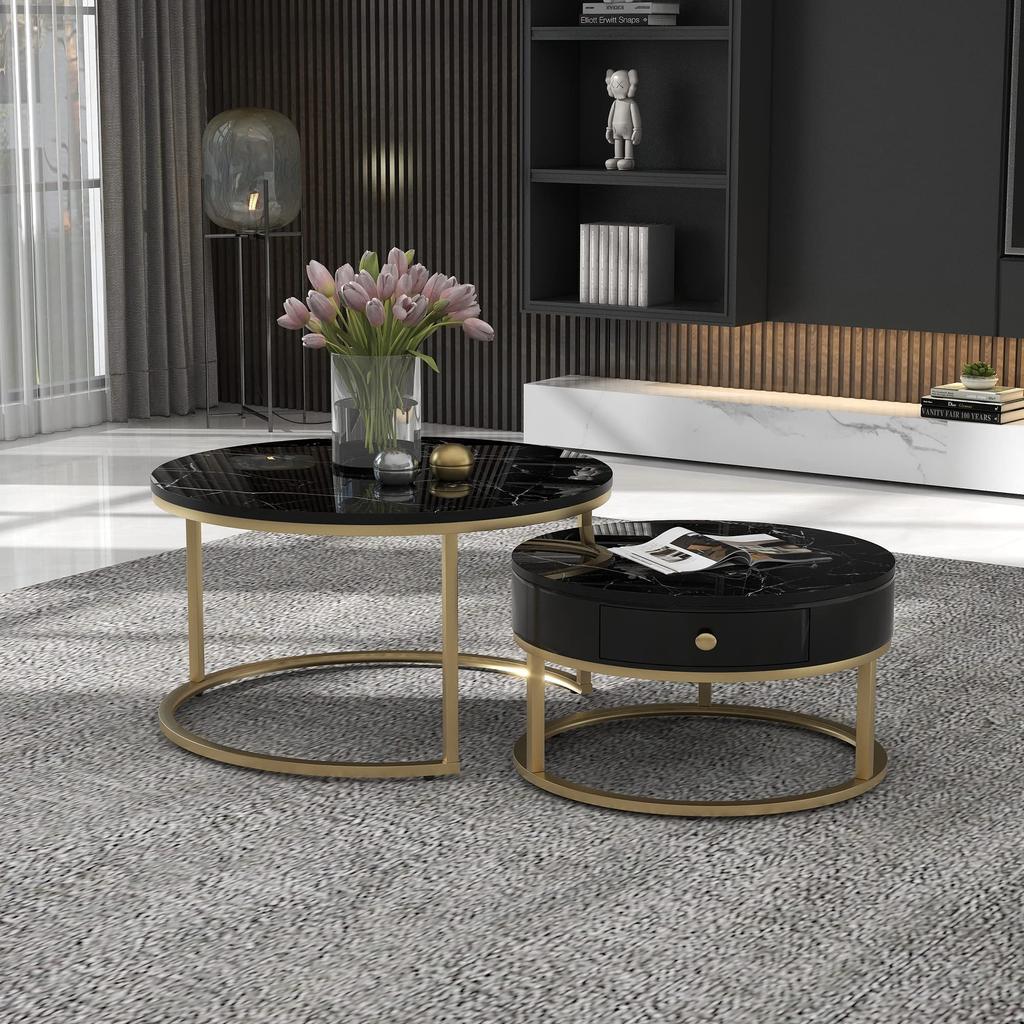 Couchtisch Rund, Satztisch 2er Set, Moderne Nesting Kaffeetisch Schublade, Gold Marmormuster, Sofatische Schlafzimmer Balkon Büro, Schwarz