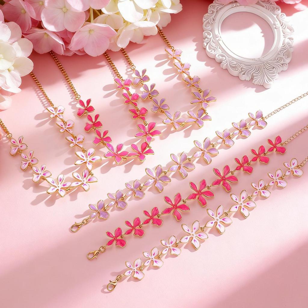 Colorful Geometric Enamel Flower Necklace & Bracelet Set for Women